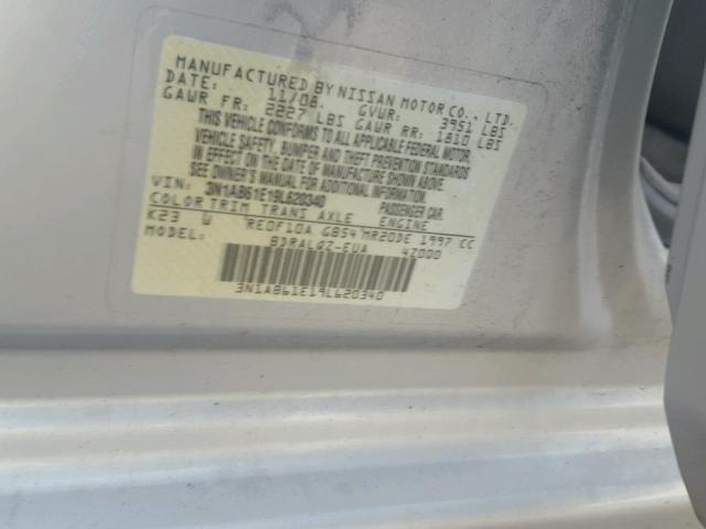 3N1AB61E19L620340 - 2009 NISSAN SENTRA 2.0 SILVER photo 10