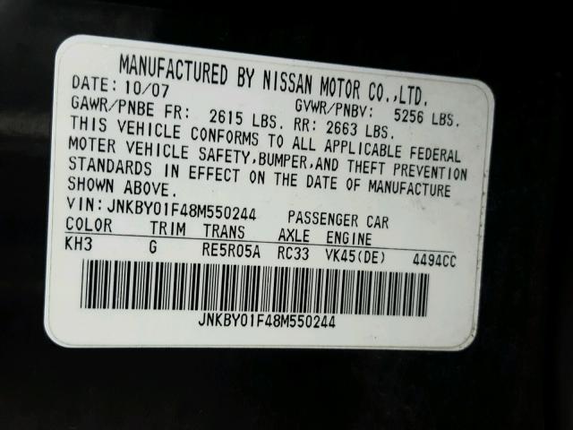 JNKBY01F48M550244 - 2008 INFINITI M45 BLACK photo 10