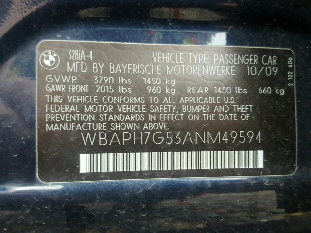 WBAPH7G53ANM49594 - 2010 BMW 328 I BLUE photo 10