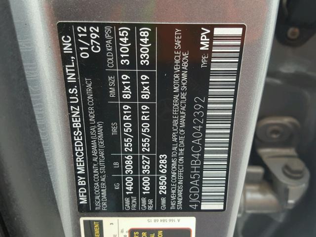 4JGDA5HB4CA042392 - 2012 MERCEDES-BENZ ML 350 4MA SILVER photo 10