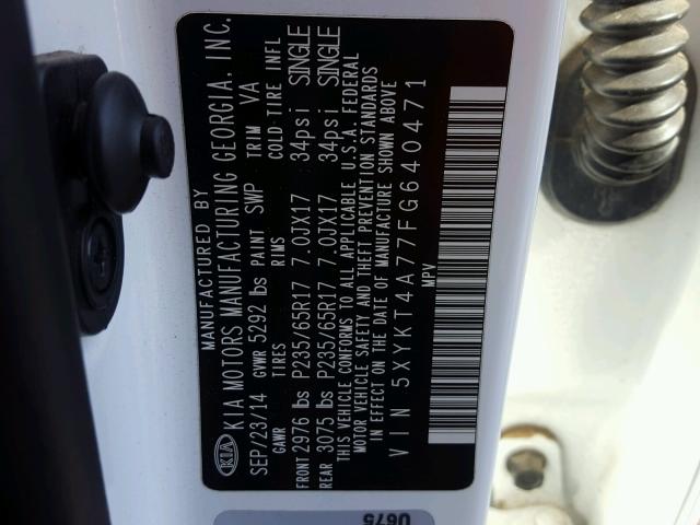 5XYKT4A77FG640471 - 2015 KIA SORENTO LX WHITE photo 10