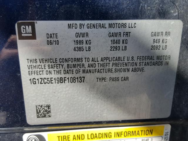 1G1ZC5E19BF108137 - 2011 CHEVROLET MALIBU 1LT BLUE photo 10