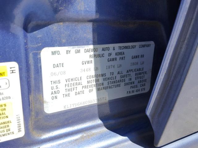 KL1TD66E09B318572 - 2009 CHEVROLET AVEO LS BLUE photo 10