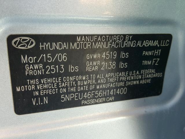 5NPEU46F56H141400 - 2006 HYUNDAI SONATA GLS SILVER photo 10