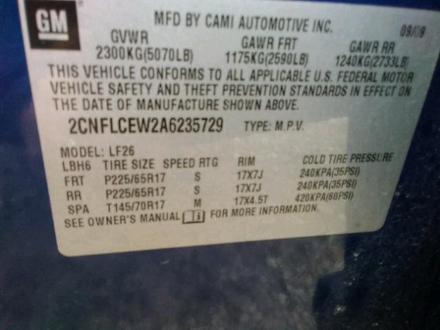 2CNFLCEW2A6235729 - 2010 CHEVROLET EQUINOX LS BLUE photo 10