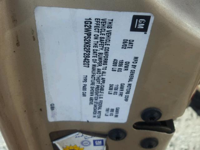 1G2WP52K62F284207 - 2002 PONTIAC GRAND PRIX GOLD photo 10