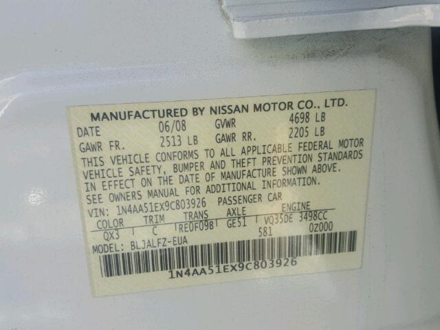 1N4AA51EX9C803926 - 2009 NISSAN MAXIMA S WHITE photo 10