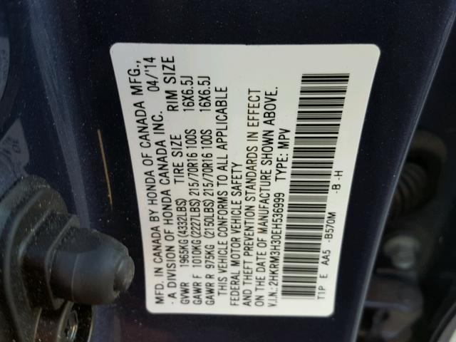 2HKRM3H30EH536999 - 2014 HONDA CR-V LX BLUE photo 10