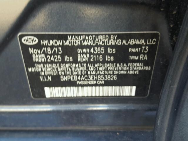 5NPEB4AC3EH853826 - 2014 HYUNDAI SONATA GLS BLUE photo 10