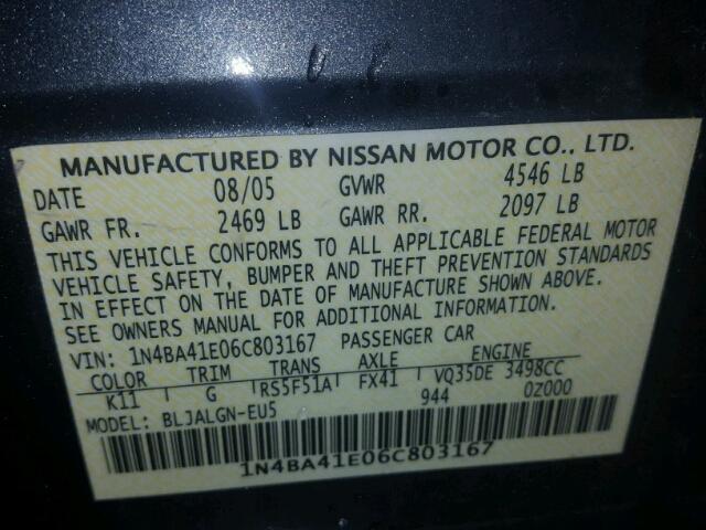 1N4BA41E06C803167 - 2006 NISSAN MAXIMA SE GRAY photo 10