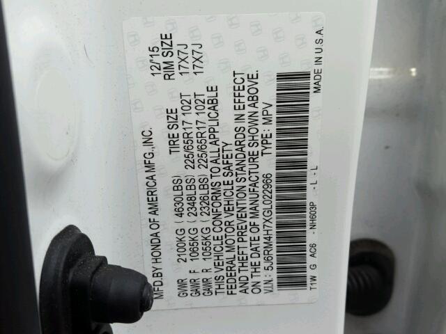 5J6RM4H7XGL022966 - 2016 HONDA CR-V EXL 白色 照片 10