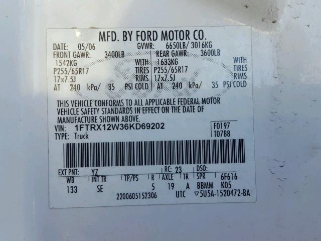 1FTRX12W36KD69202 - 2006 FORD F150 WHITE photo 10