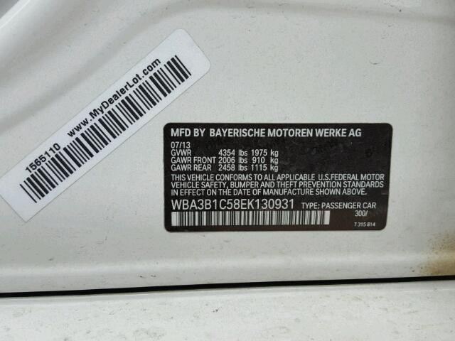 WBA3B1C58EK130931 - 2014 BMW 320 I WHITE photo 10