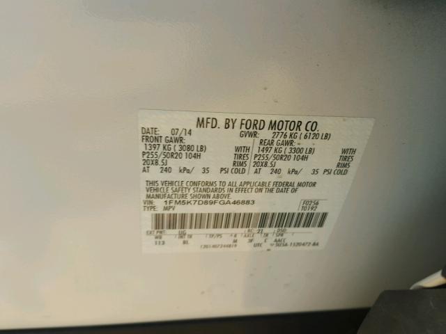 1FM5K7D89FGA46883 - 2015 FORD EXPLORER X WHITE photo 10