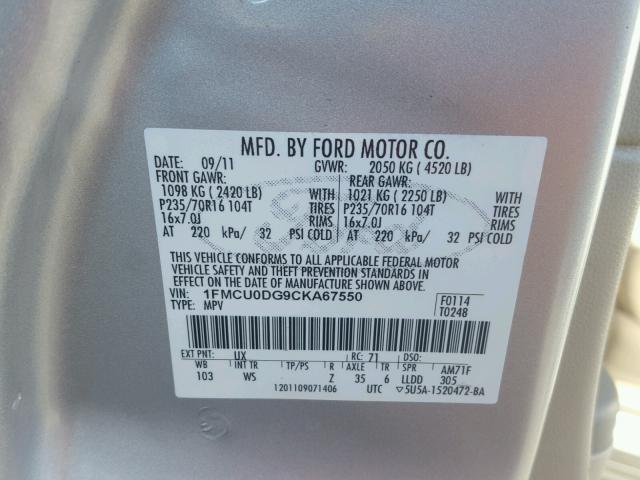 1FMCU0DG9CKA67550 - 2012 FORD ESCAPE XLT SILVER photo 10