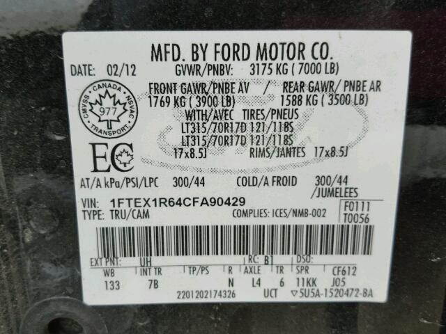 1FTEX1R64CFA90429 - 2012 FORD F150 SVT R BLACK photo 10