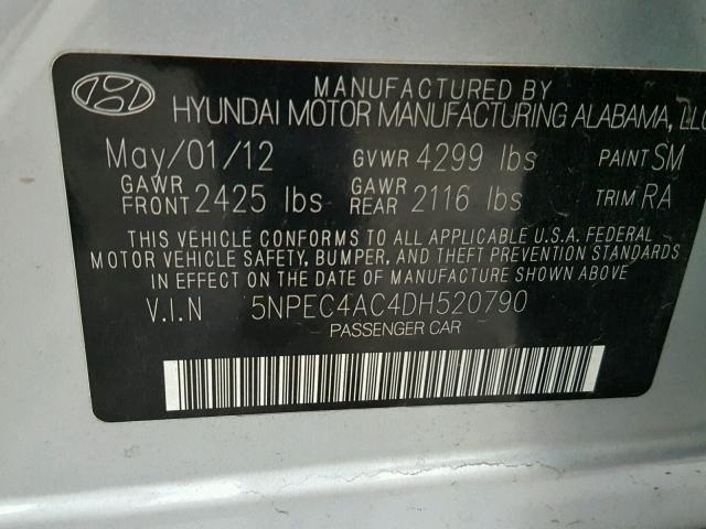 5NPEC4AC4DH520790 - 2013 HYUNDAI SONATA SE SILVER photo 10