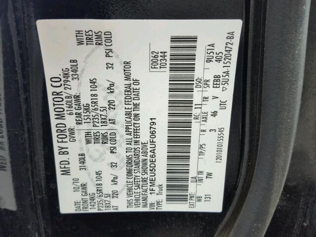 1FMEU5DE6AUF06791 - 2010 FORD EXPLORER S BLACK photo 10