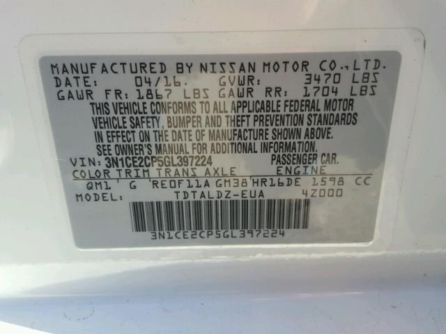 3N1CE2CP5GL397224 - 2016 NISSAN VERSA NOTE WHITE photo 10