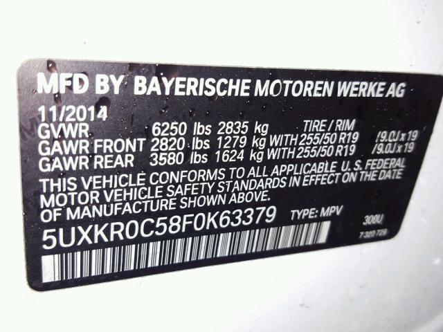 5UXKR0C58F0K63379 - 2015 BMW X5 XDRIVE3 WHITE photo 10