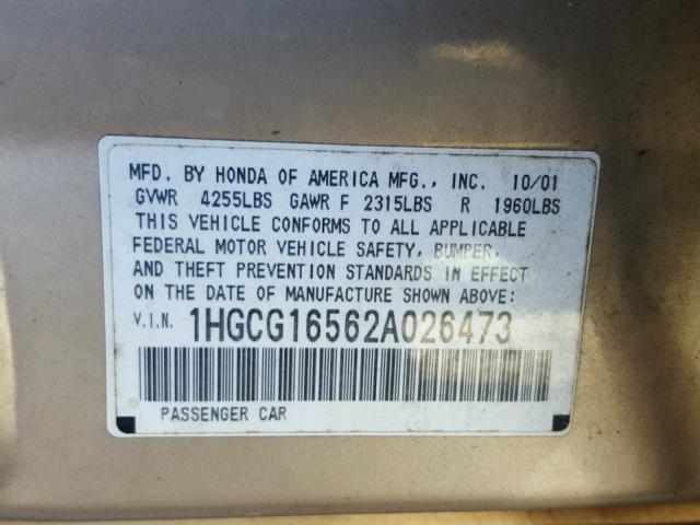 1HGCG16562A026473 - 2002 HONDA ACCORD GOLD photo 10