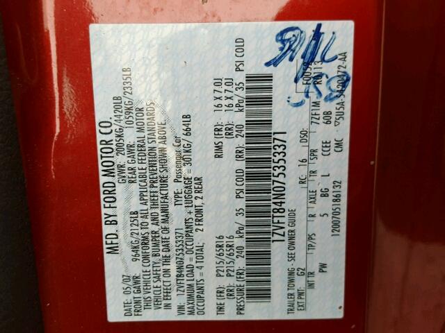 1ZVFT84N075353371 - 2007 FORD MUSTANG RED photo 10