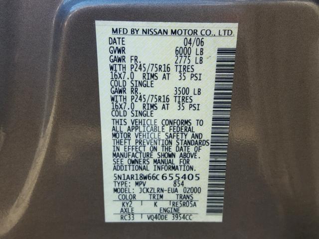 5N1AR18W66C655405 - 2006 NISSAN PATHFINDER CHARCOAL photo 10