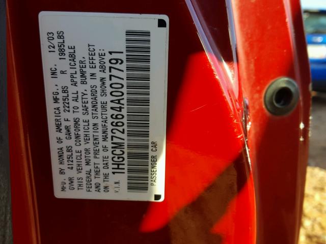 1HGCM72664A007791 - 2004 HONDA ACCORD RED photo 10