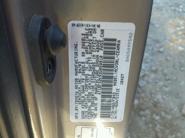 4T1BF32K93U050010 - 2003 TOYOTA CAMRY LE GOLD photo 10