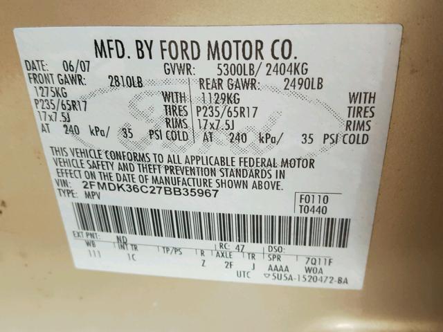 2FMDK36C27BB35967 - 2007 FORD EDGE GOLD photo 10