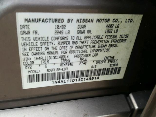 1N4AL11D13C148914 - 2003 NISSAN ALTIMA BAS CHARCOAL photo 10