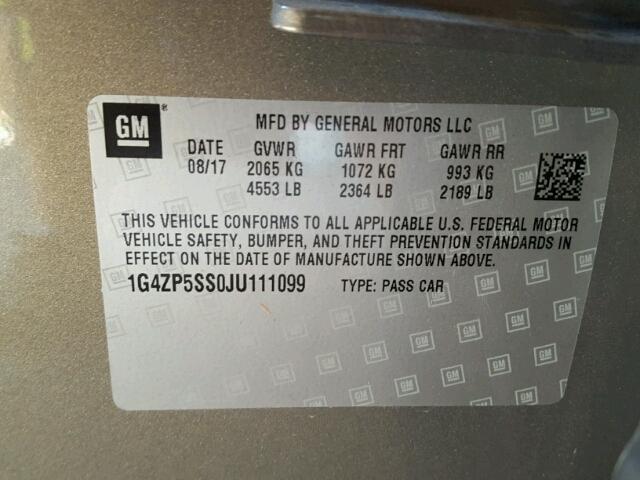 1G4ZP5SS0JU111099 - 2018 BUICK LACROSSE E SILVER photo 10