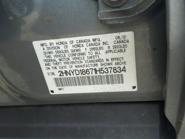 2HNYD18671H537834 - 2001 ACURA MDX TOURIN GRAY photo 10