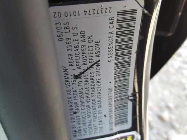 WVWTH63B64P009790 - 2004 VOLKSWAGEN PASSAT GLX BLACK photo 10