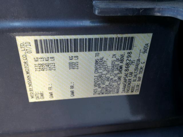 1N4AA5AP5AC868298 - 2010 NISSAN MAXIMA SILVER photo 10