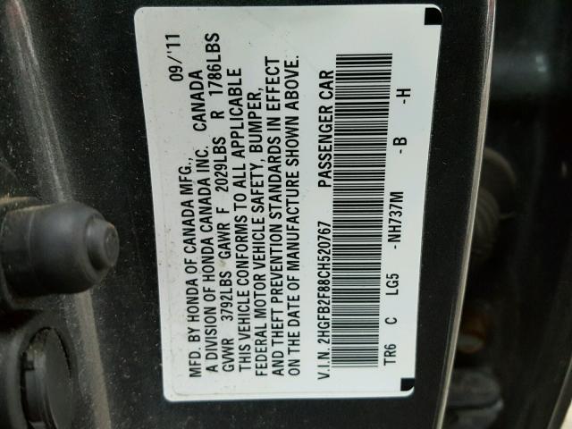 2HGFB2F88CH520767 - 2012 HONDA CIVIC EX GRAY photo 10