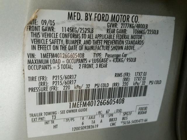 1MEFM40126G605408 - 2006 MERCURY MONTEGO LU SILVER photo 10