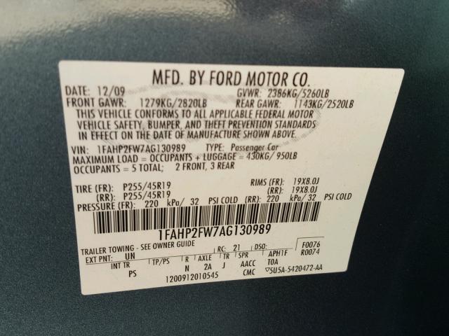 1FAHP2FW7AG130989 - 2010 FORD TAURUS LIM GREEN photo 10