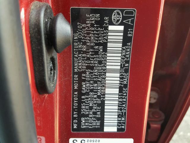 2T1BR30E87C820502 - 2007 TOYOTA COROLLA RED photo 10