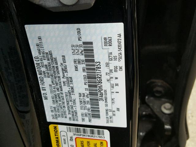 3FA6P0H78GR217853 - 2016 FORD FUSION SE BLACK photo 10