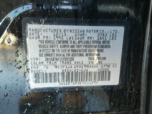 3N1AB7AP3EY201295 - 2014 NISSAN SENTRA S BLACK photo 10