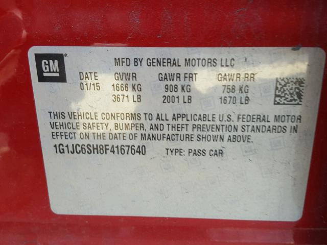 1G1JC6SH8F4167640 - 2015 CHEVROLET SONIC LT 红色 照片 10