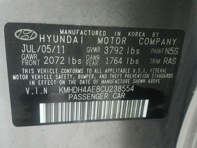 KMHDH4AE8CU238554 - 2012 HYUNDAI ELANTRA GL GRAY photo 10