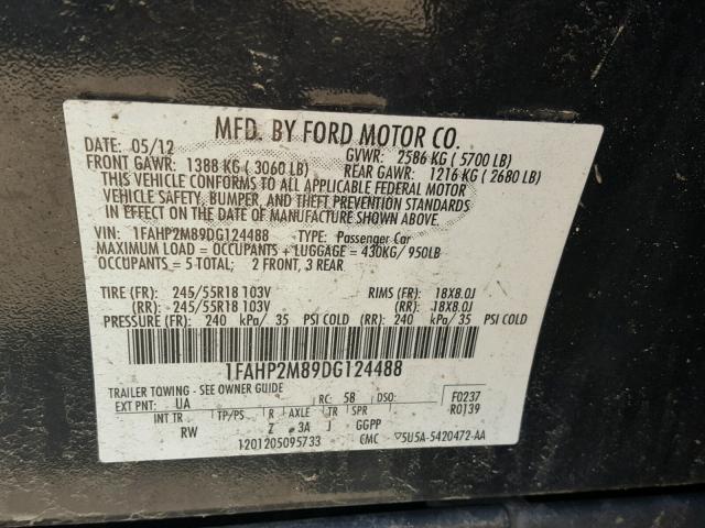 1FAHP2M89DG124488 - 2013 FORD TAURUS POL BLACK photo 10