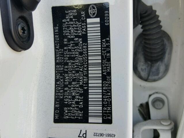 4T1BF1FK4CU556682 - 2012 TOYOTA CAMRY BASE WHITE photo 10