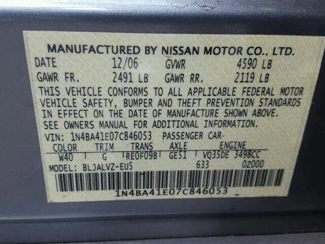 1N4BA41E07C846053 - 2007 NISSAN MAXIMA SE GRAY photo 10