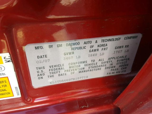 KL1TD56697B157719 - 2007 CHEVROLET AVEO BASE Қызыл фото 10