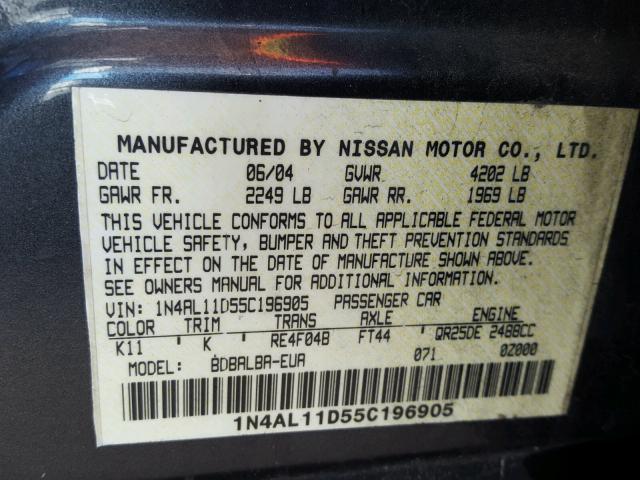 1N4AL11D55C196905 - 2005 NISSAN ALTIMA GRAY photo 10