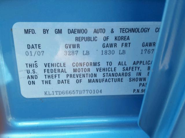 KL1TD66657B770104 - 2007 CHEVROLET AVEO BASE Niebieski zdjęcie 10