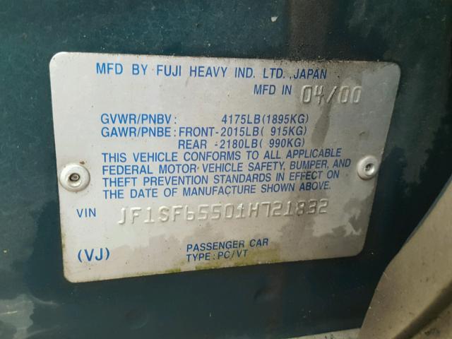 JF1SF65501H721832 - 2001 SUBARU FORESTER S GREEN photo 10